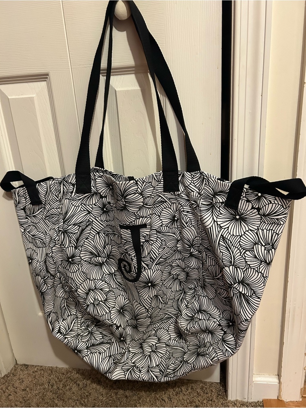 thirty-one Black & White Floral Tote with J Monogram